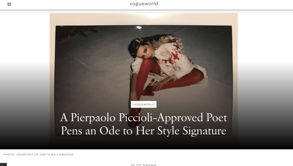 Full interview with Vogue US: https://www.vogue.com/vogueworld/article/greta-bellamacina-valentino-poet-red-tights